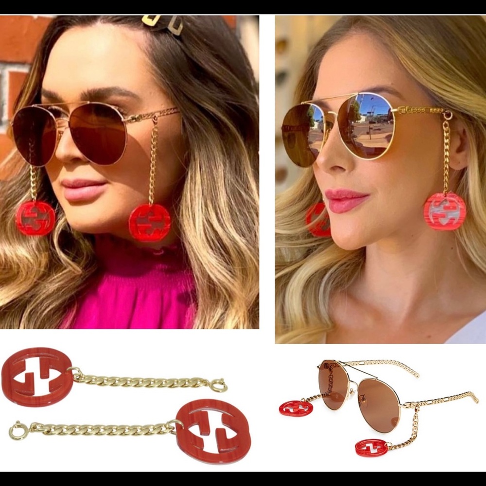 GUCCI DESIGNED SUNGLASSES WITH CHAIN-LINK ARMS WITH DETACHABLE RED GG LOGO’s